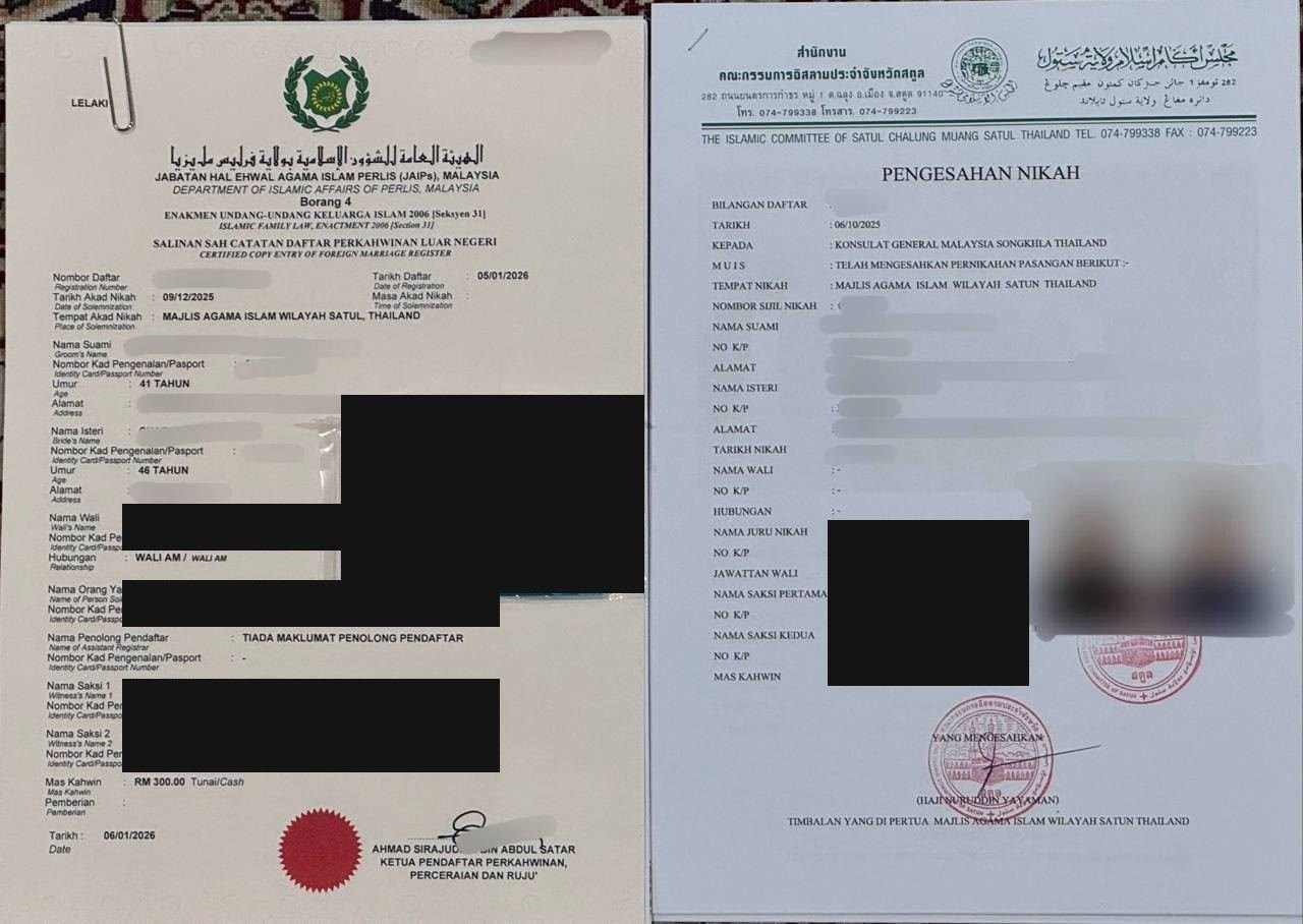 Real marriage documents from Thailand and Perlis